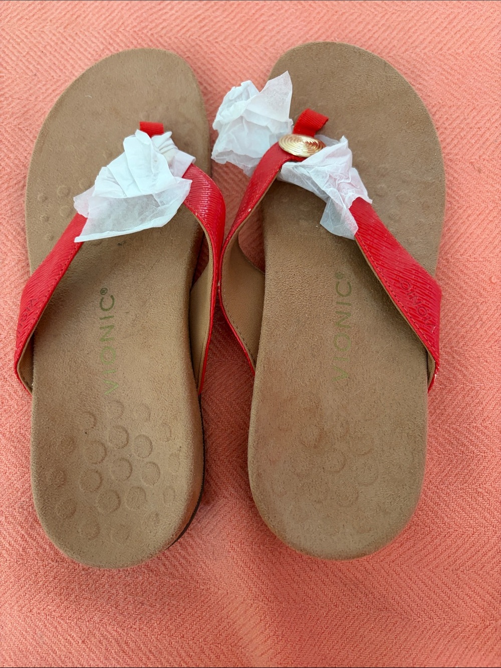 Vionic Red Toe-Post Sandals with Gold Accent